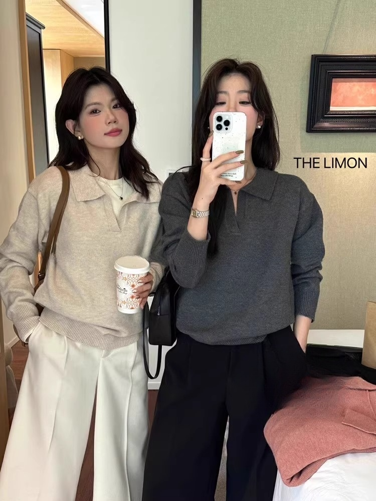 Vネックポロシャツデザインニットトップス