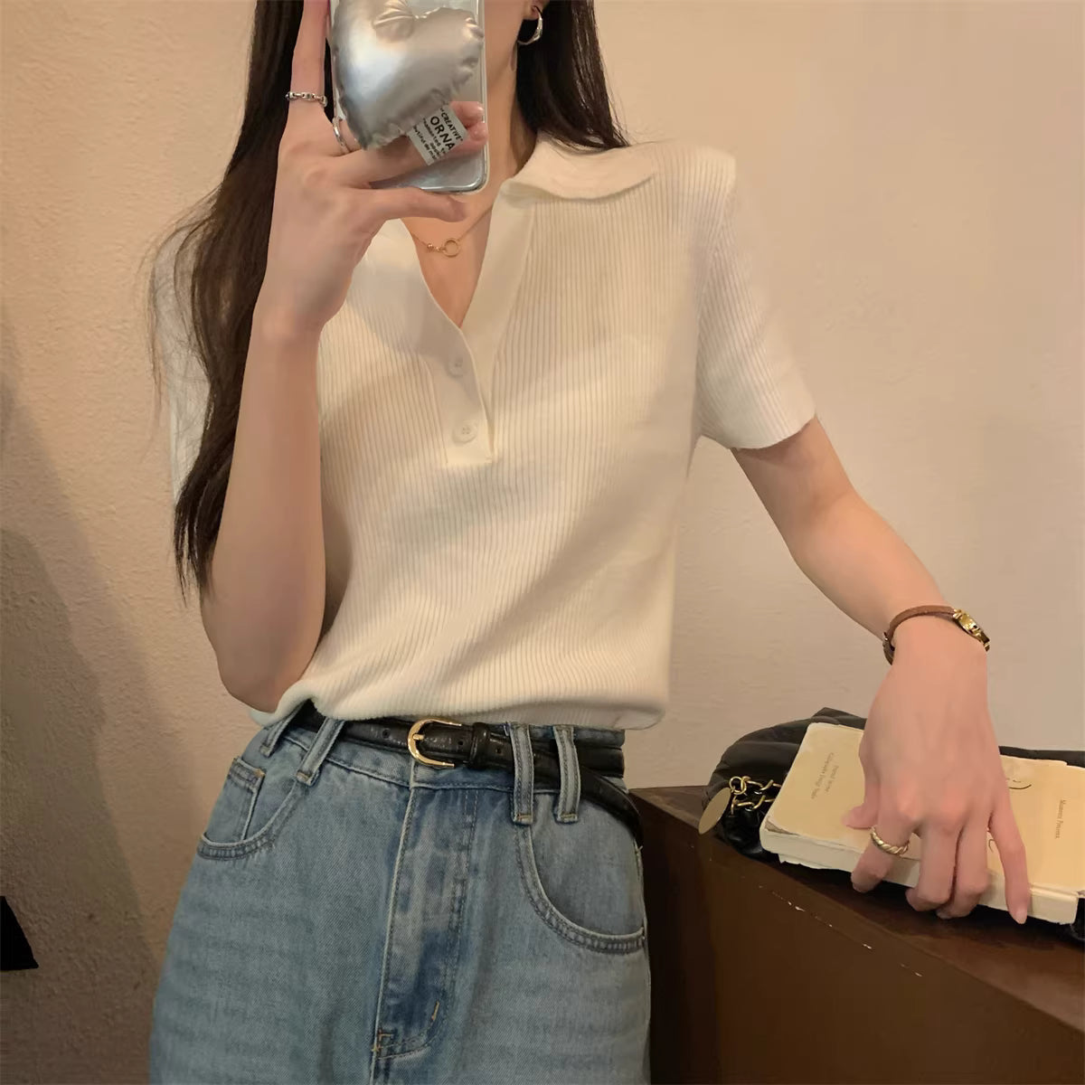 ハーフボタンシルクニットトップス