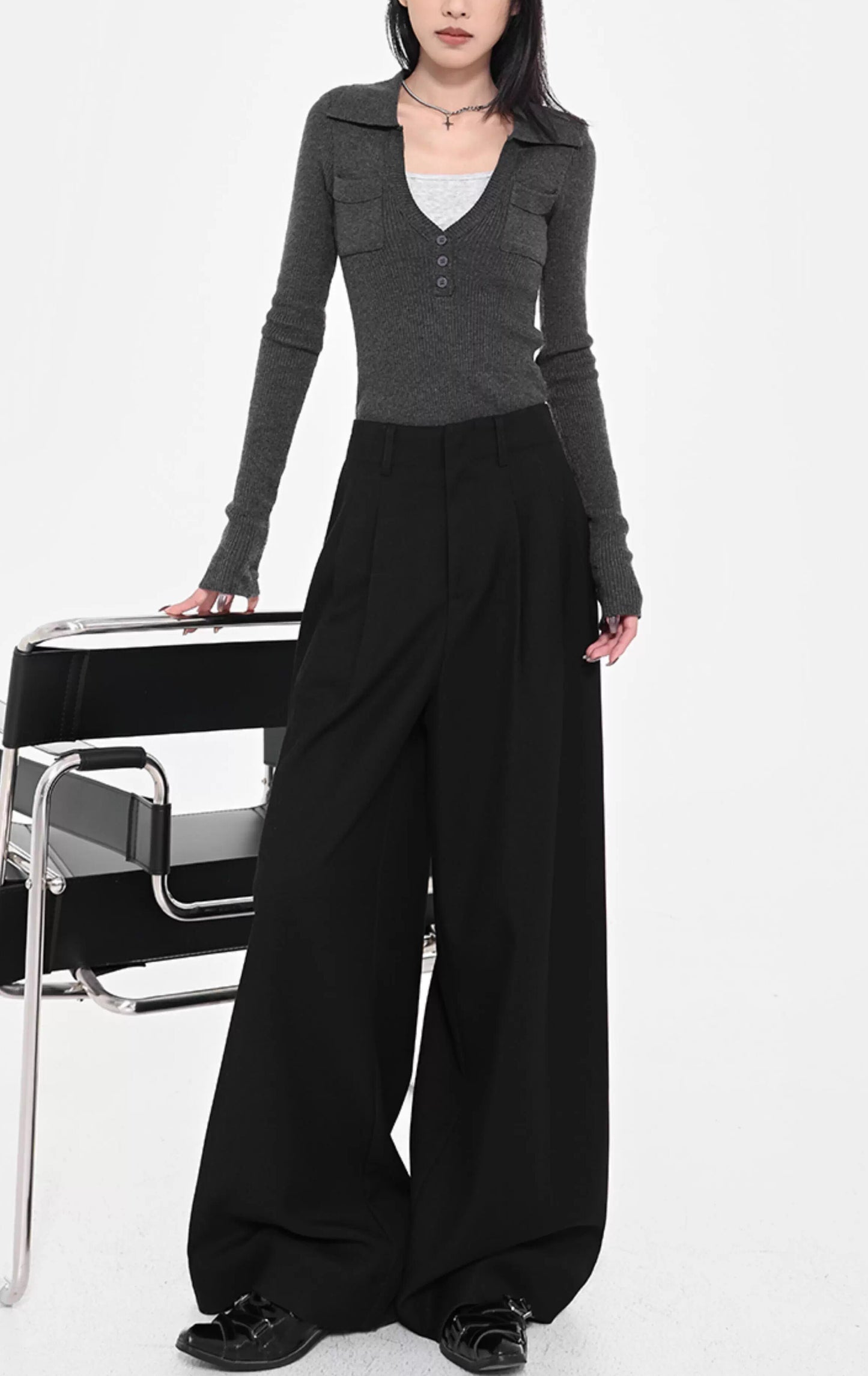 ワイドレッグスラックスパンツ