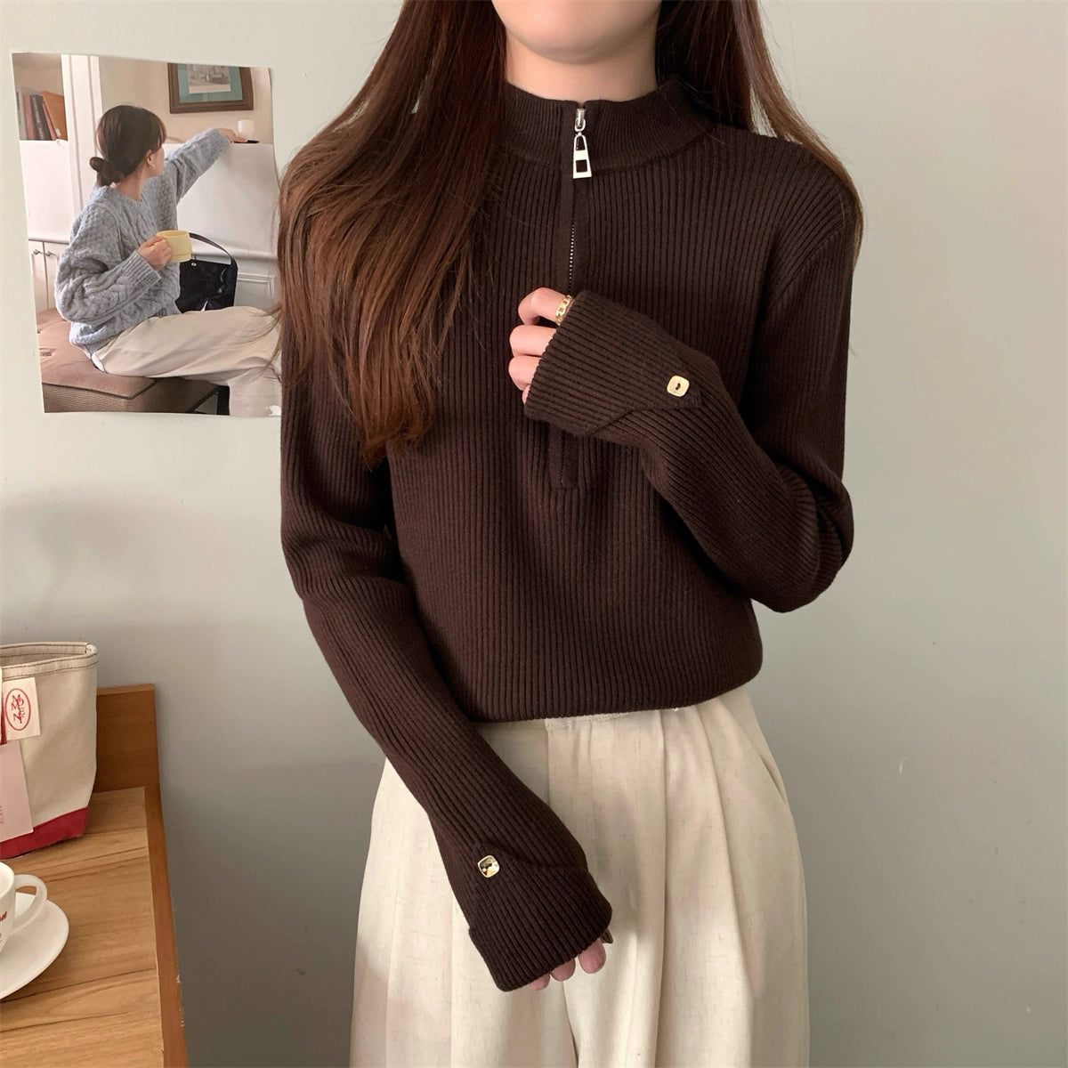 ハーフジップニットトップス