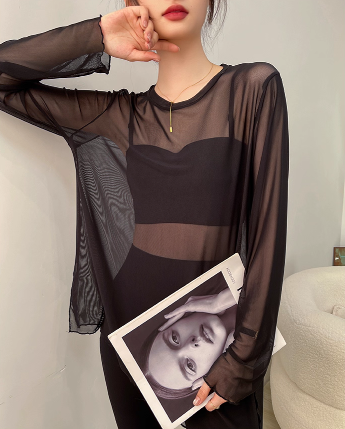 メッシュラウンドネックロングTシャツ