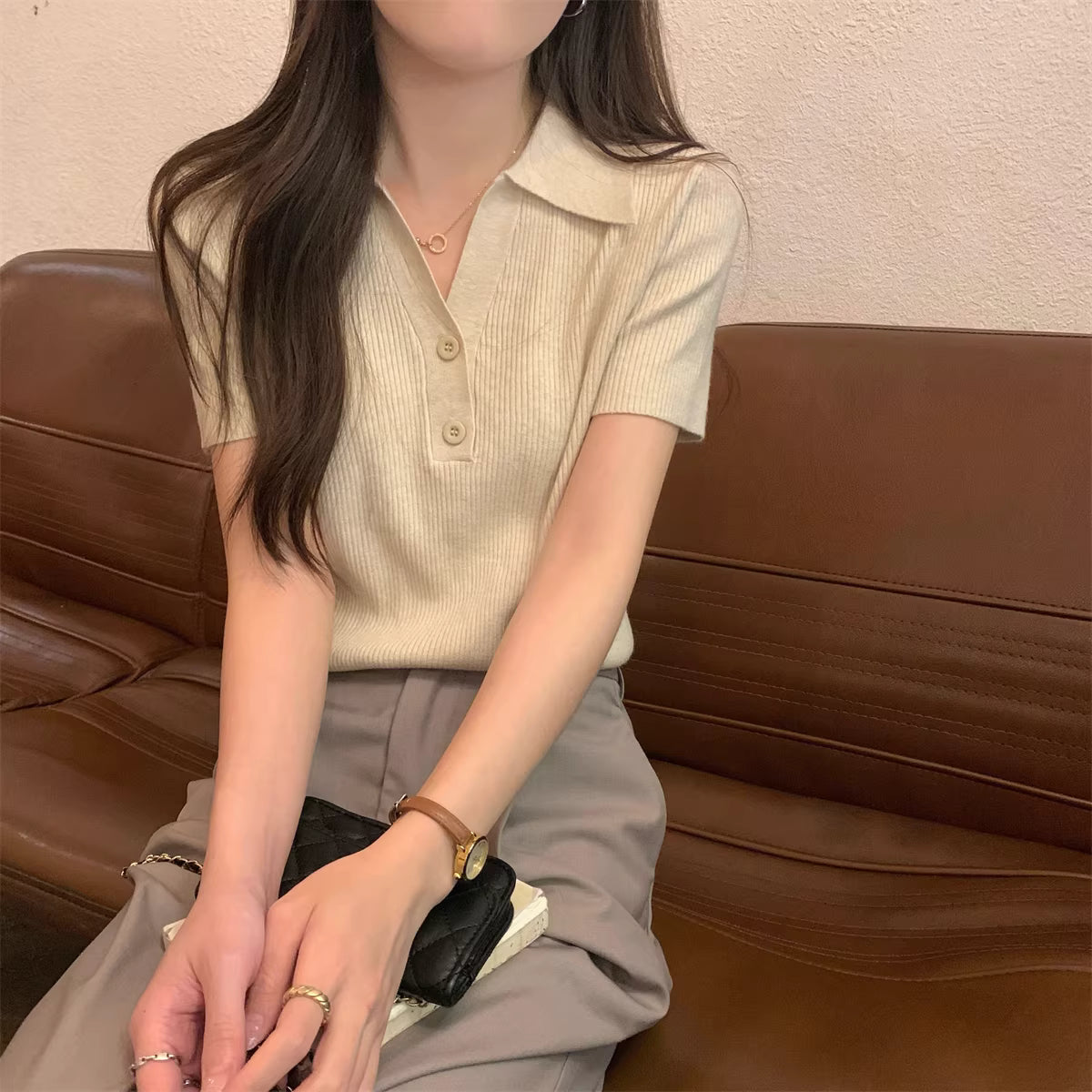 ハーフボタンシルクニットトップス