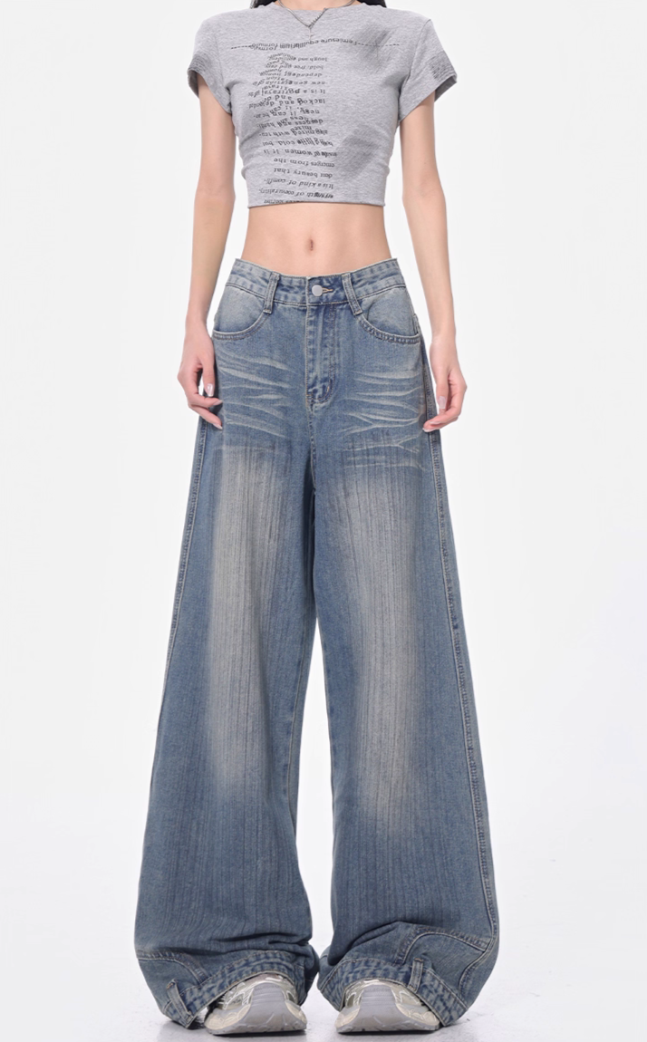 グレーワイドレッグベルトループデザインジーンズ