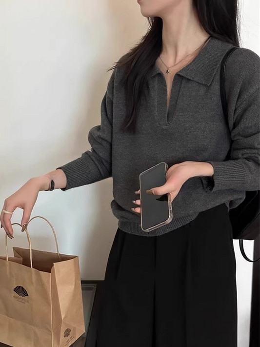 Vネックポロシャツデザインニットトップス