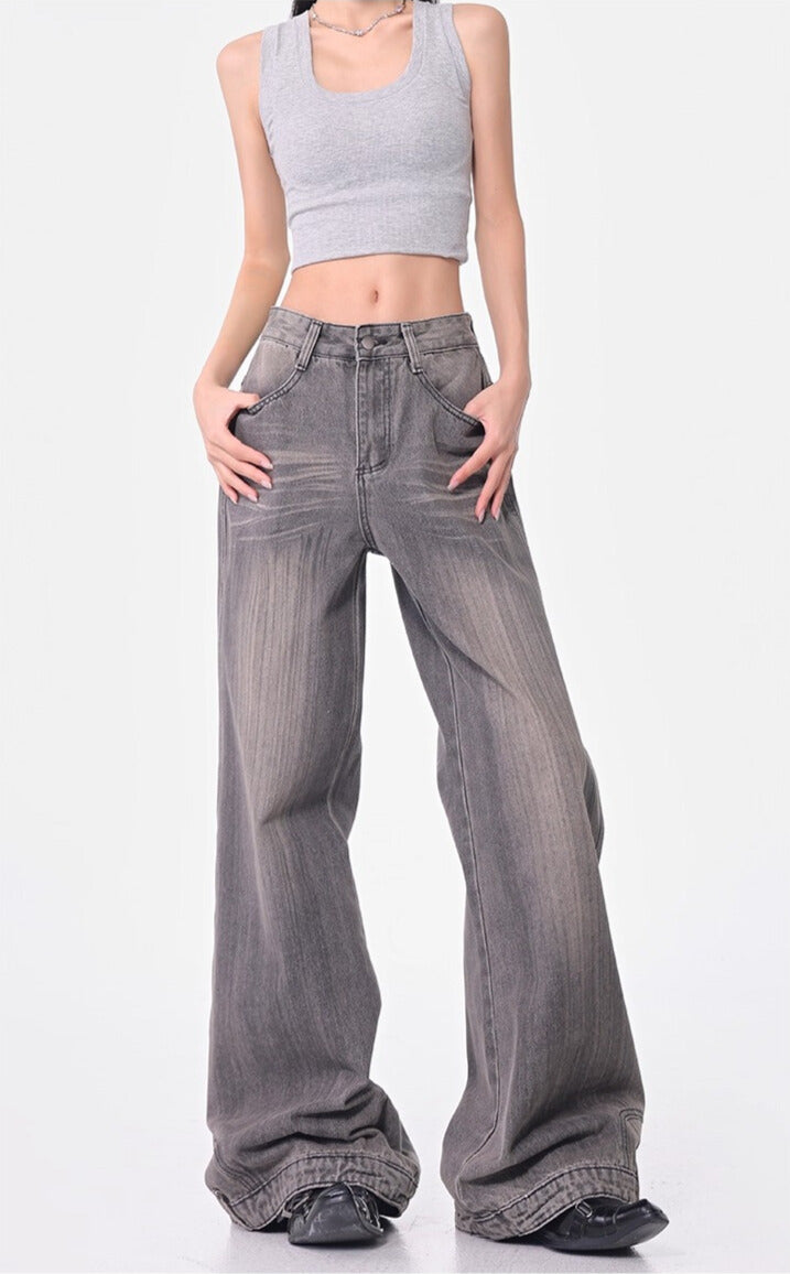 グレーワイドレッグベルトループデザインジーンズ