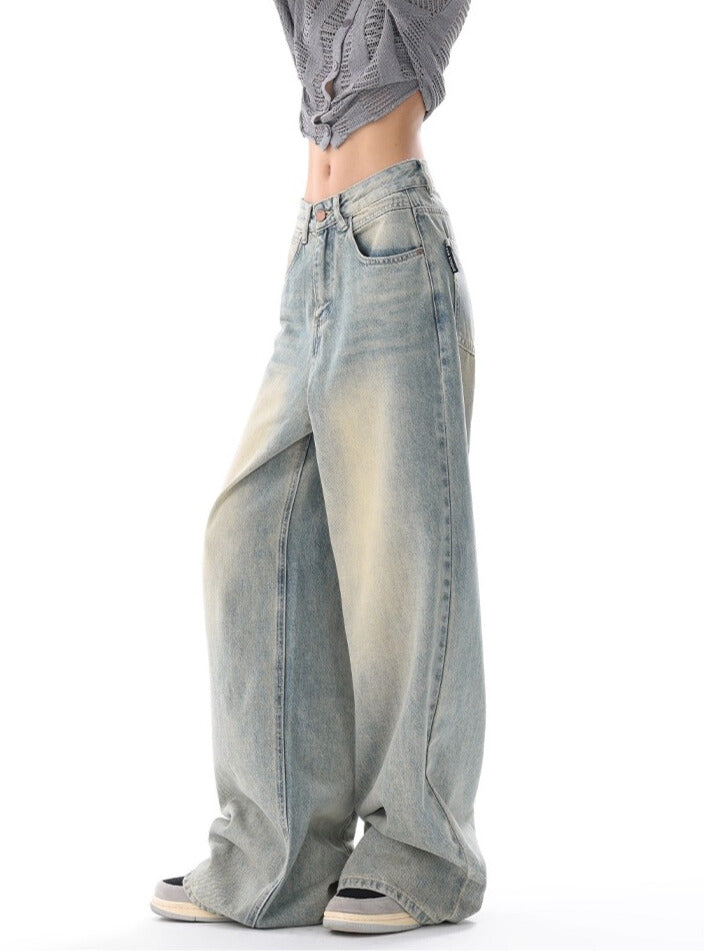 ハイカラーストレートワイドレッグジーンズ