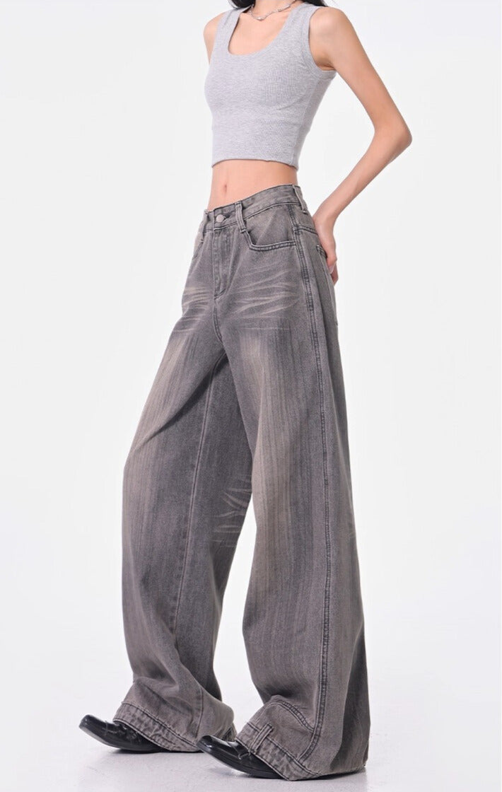 グレーワイドレッグベルトループデザインジーンズ