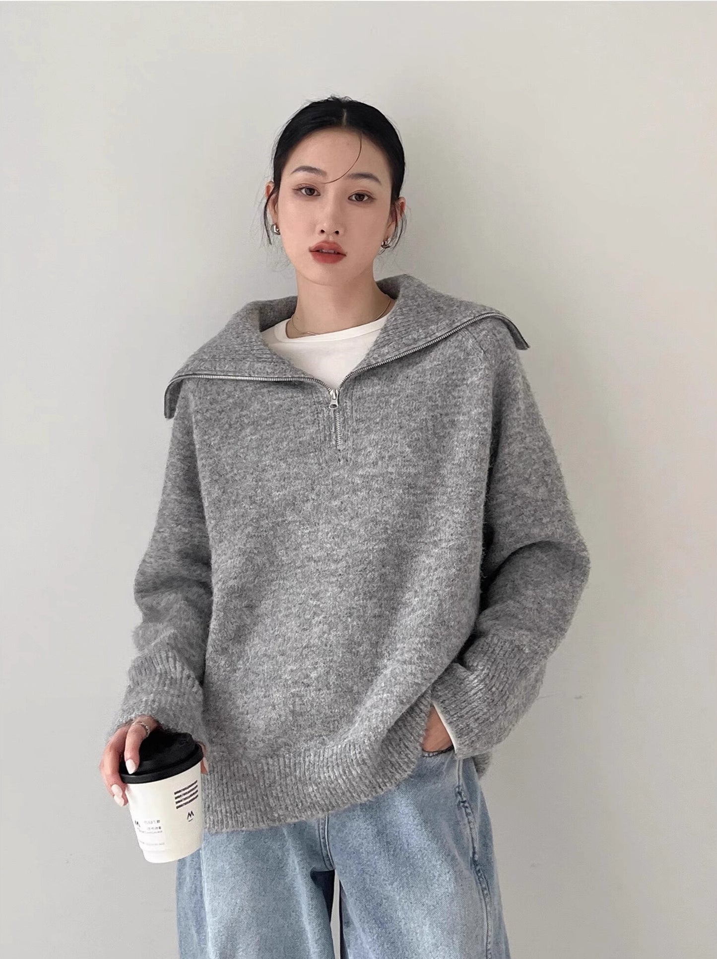 ハーフジップタートルネックセーター