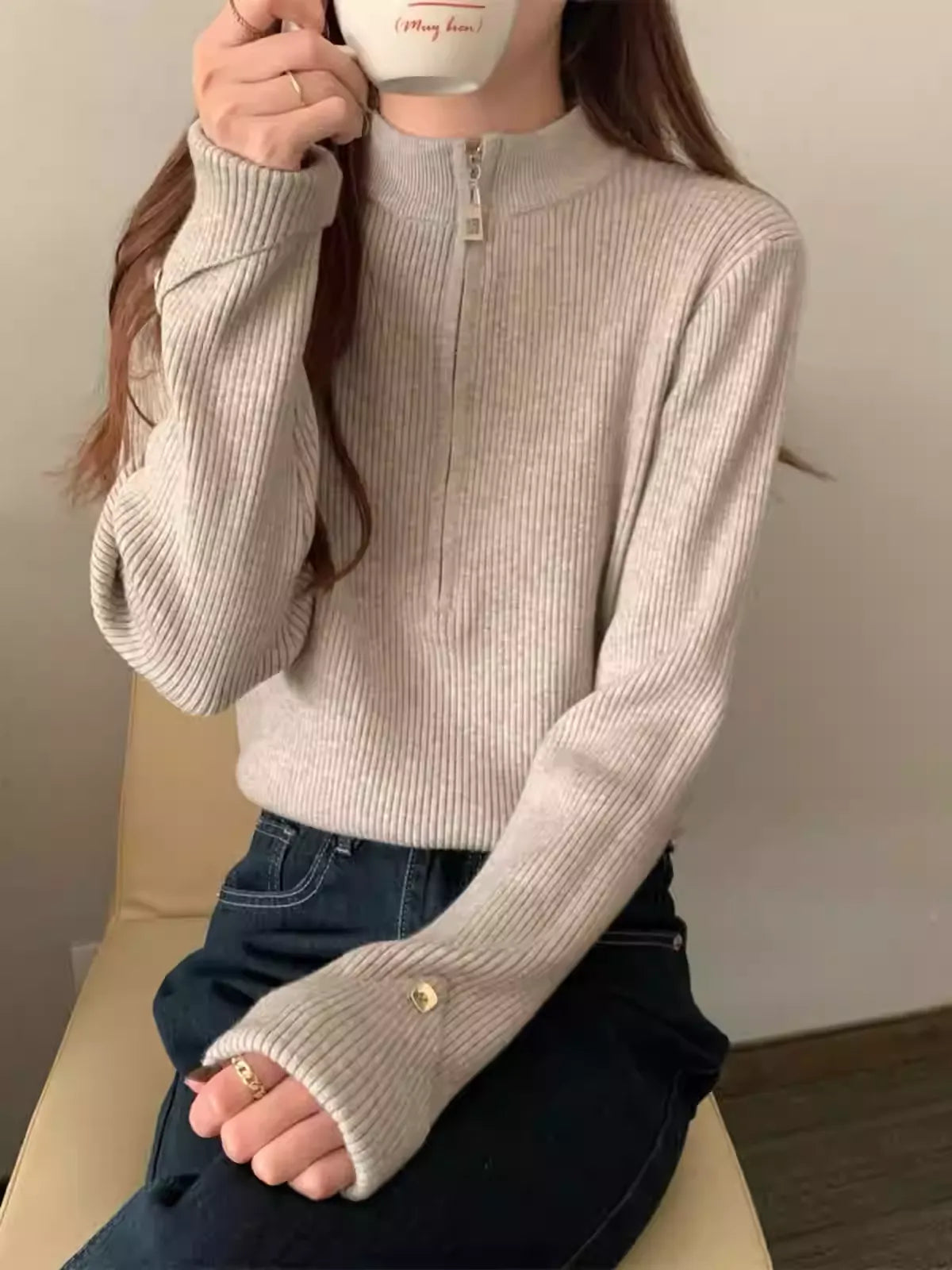 ハーフジップニットトップス