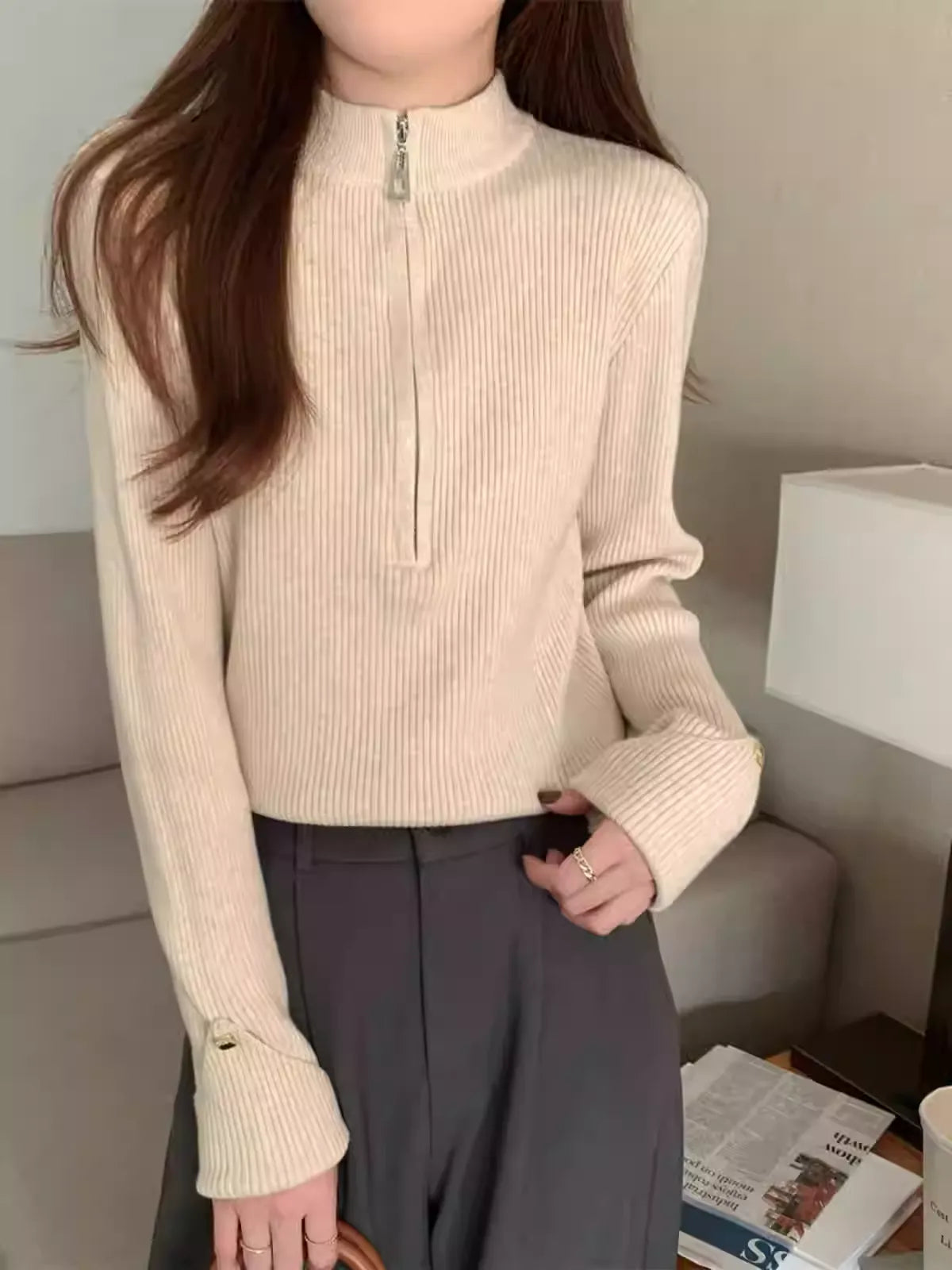 ハーフジップニットトップス