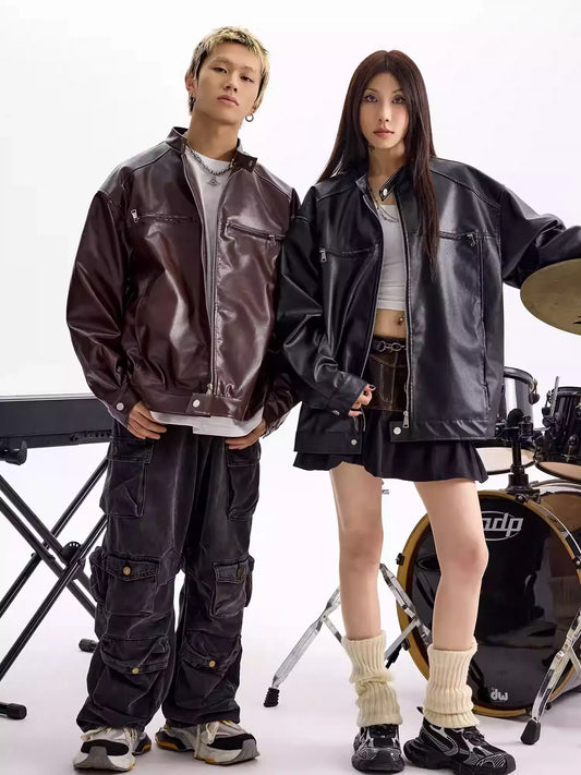 アメリカンレトロジッパーPUレザージャケット