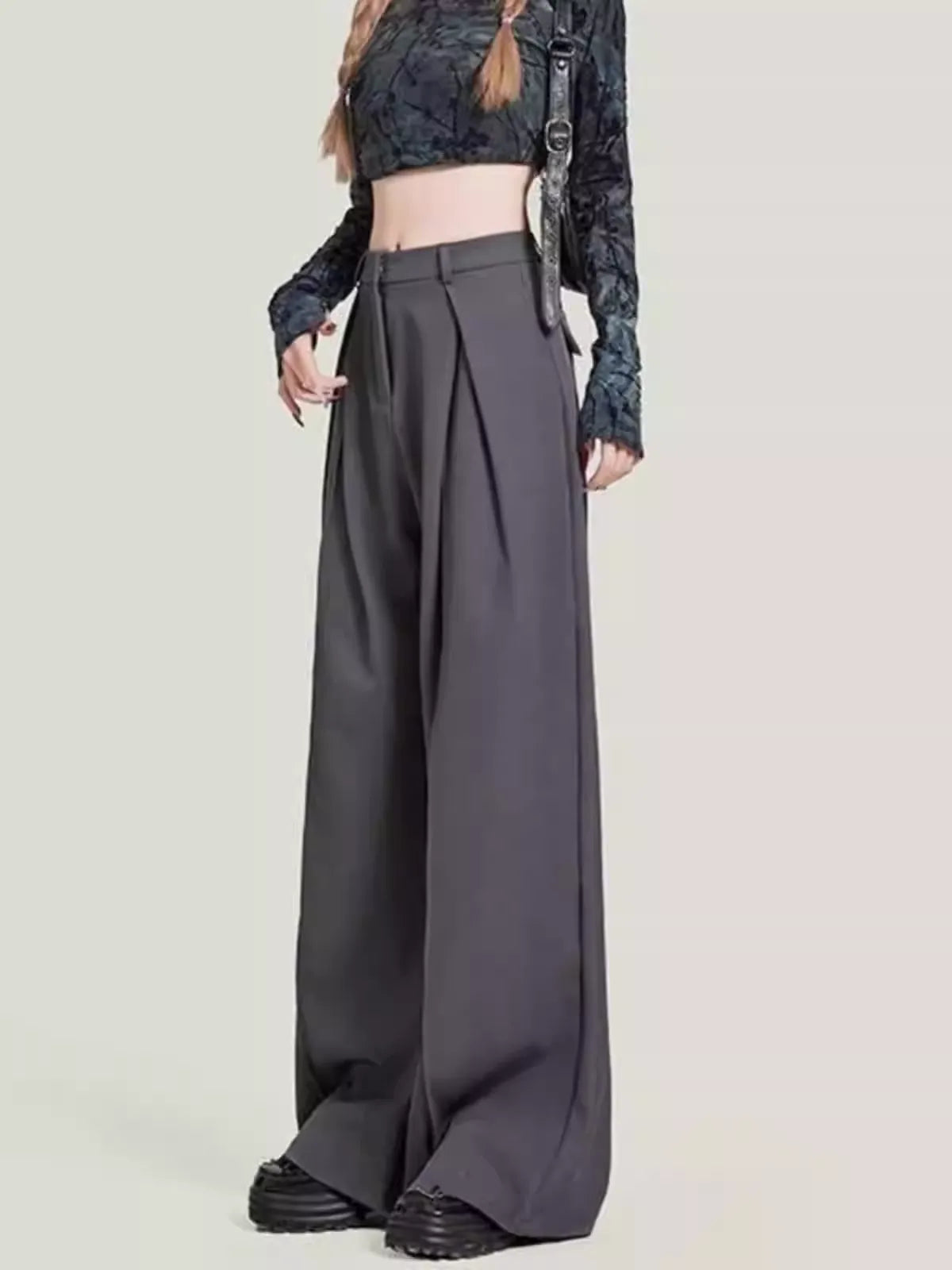 ハイウエストワイドレッグスラックスパンツ