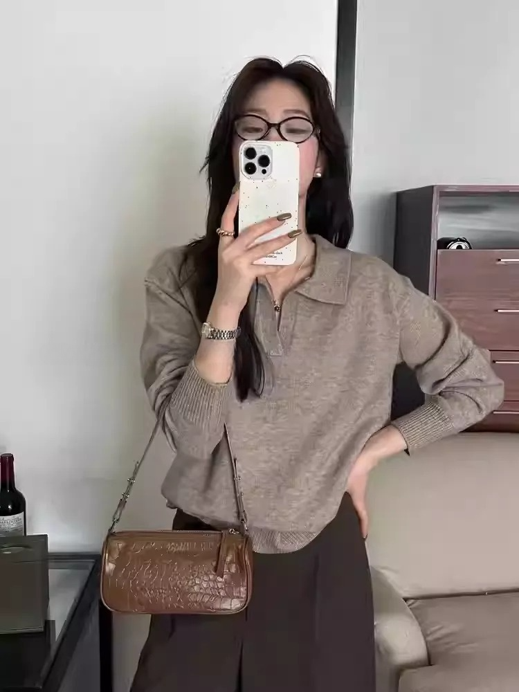 Vネックポロシャツデザインニットトップス