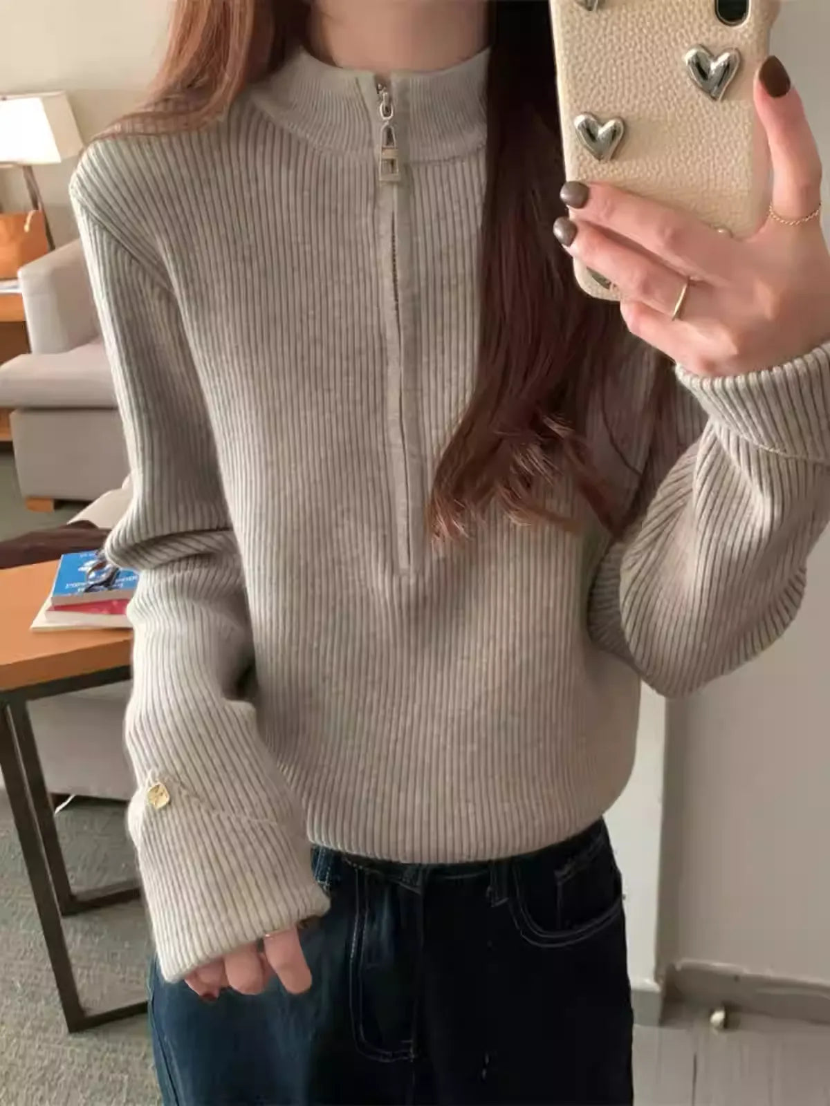 ハーフジップニットトップス