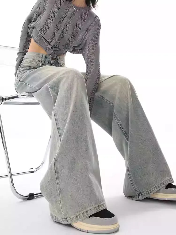 ハイカラーストレートワイドレッグジーンズ