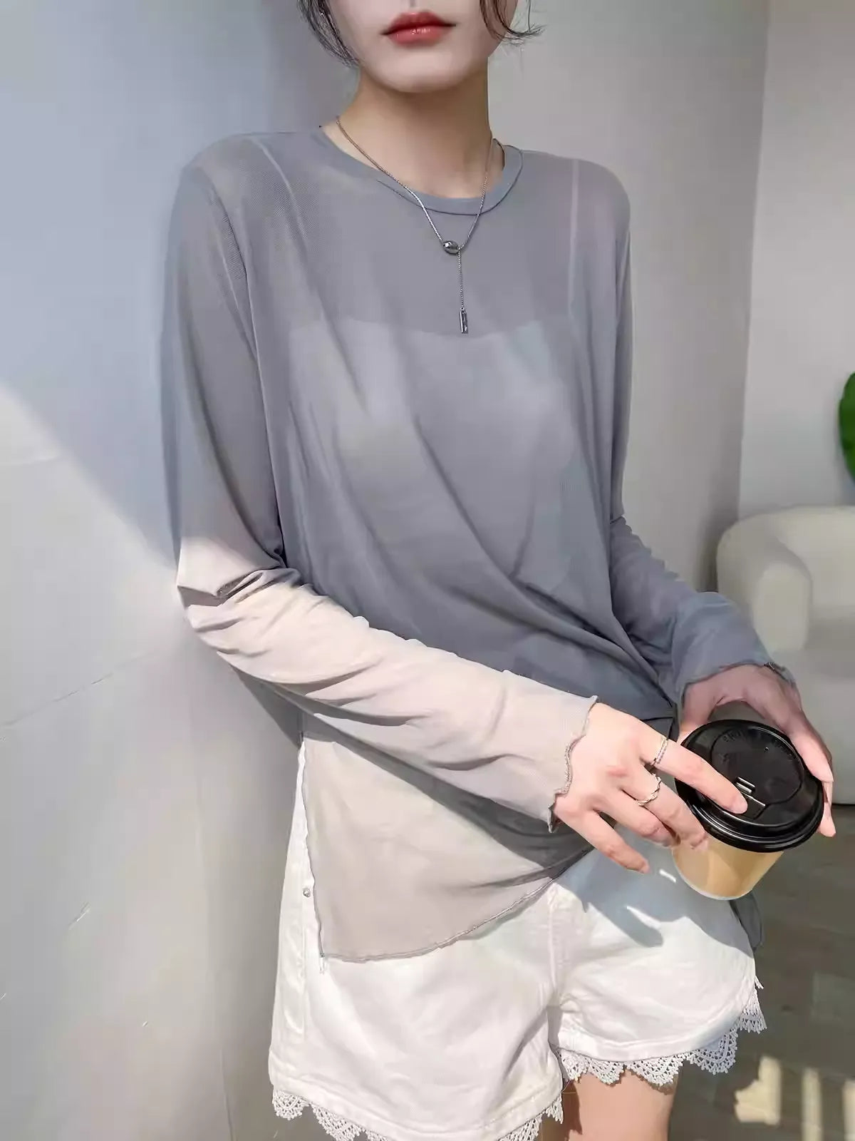 メッシュラウンドネックロングTシャツ