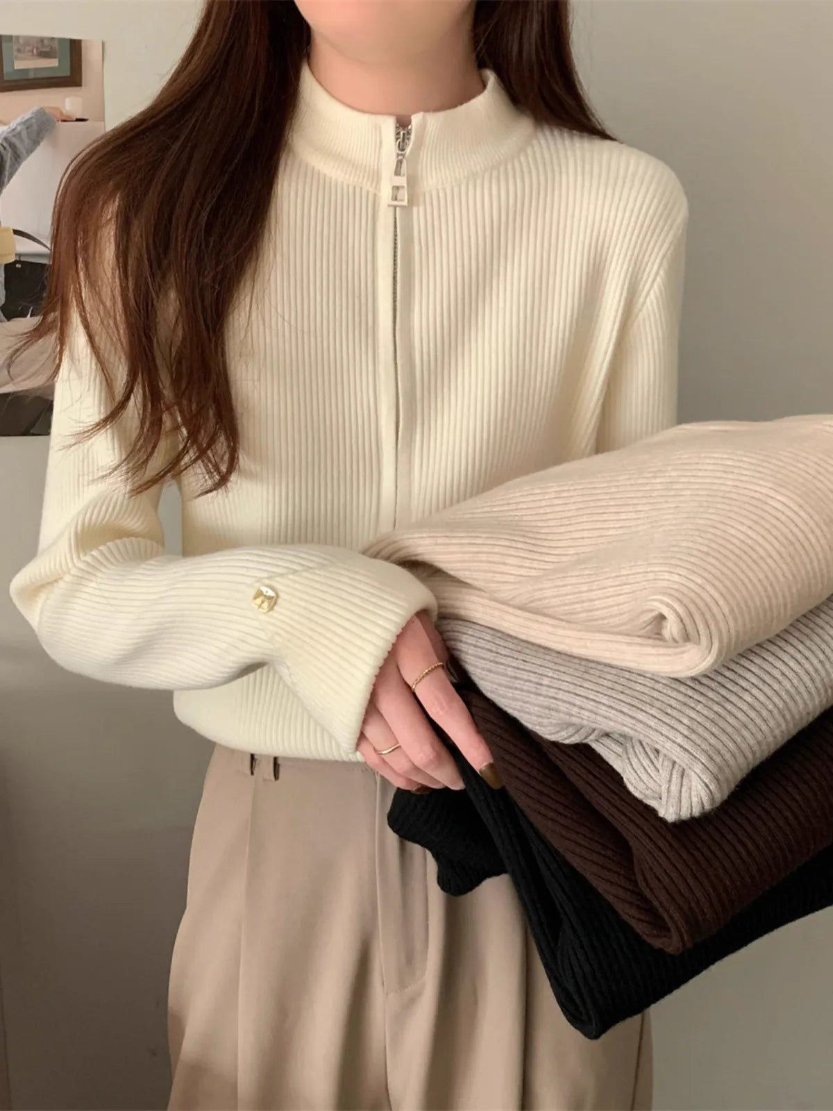 ハーフジップニットトップス